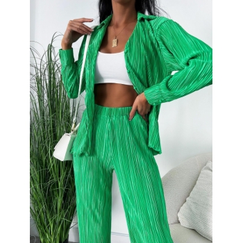 Plisse Set Pleated Elegant Office or Formal Button Up Long Sleeves Shirt and High Elastic Waist Pants M Green