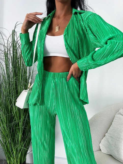 Plisse Set Pleated Elegant Office or Formal Button Up Long Sleeves Shirt and High Elastic Waist Pants M Green