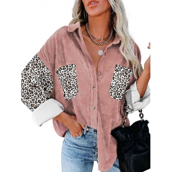 Leopard Insert Drop Shoulder Pocket High Low Shacket M Light pink