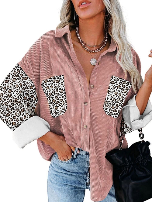 Leopard Insert Drop Shoulder Pocket High Low Shacket M Light pink