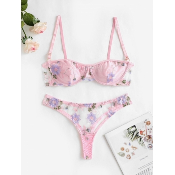 Floral Embroidered Sheer Mesh Sexy Underwire See through None Pads Three Quarters Unlined Lingerie Set with Adjusted-straps S Light pink