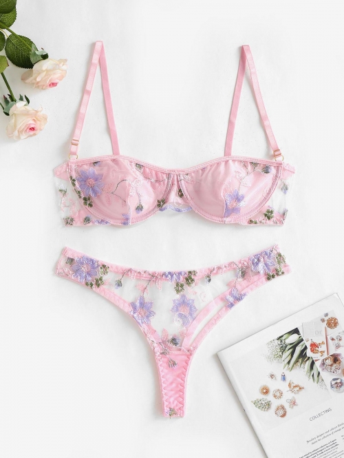 Floral Embroidered Sheer Mesh Sexy Underwire See through None Pads Three Quarters Unlined Lingerie Set with Adjusted-straps S Light pink