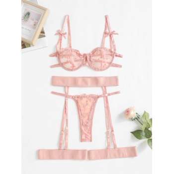 Heart Embroidered Bowknot Lace Grater Lingerie Set with Leg Rings L Light pink