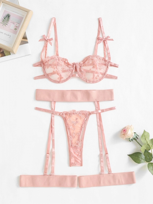 Heart Embroidered Bowknot Lace Grater Lingerie Set with Leg Rings L Light pink