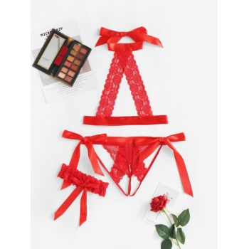 Lace Crotchless Ties Thigh Ring Lingerie Set M Red