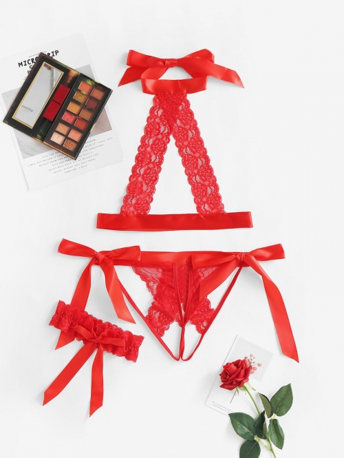 Lace Crotchless Ties Thigh Ring Lingerie Set M Red