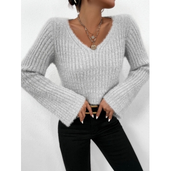 Women Plush Fuzzy Ribbed Cropped Sweater L Gray