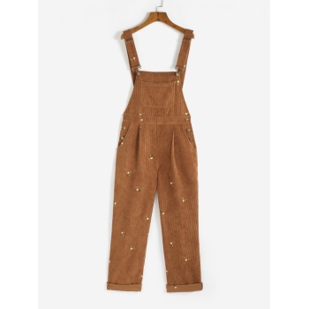 Women Jumpsuit ZAFUL Tiny Floral Embroidered Corduroy Overalls Jumpsuit M Coffee