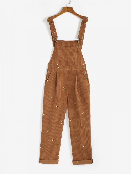 Women Jumpsuit ZAFUL Tiny Floral Embroidered Corduroy Overalls Jumpsuit M Coffee