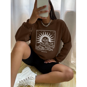 Women Hoodies Sun And Moon Graphic Sweatshirt L Deep coffee