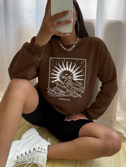 Women Hoodies Sun And Moon Graphic Sweatshirt L Deep coffee