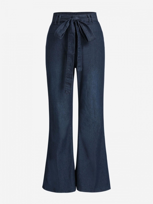 High Waist Belted Wide and Flare Jeans M Deep blue