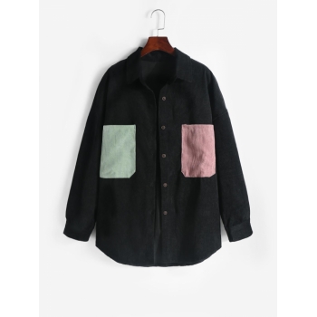 Colorblock Front Pockets Corduroy Shacket S Black