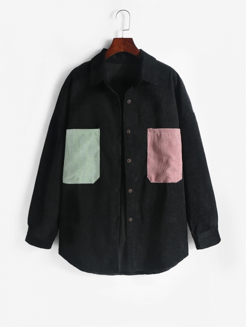 Colorblock Front Pockets Corduroy Shacket S Black