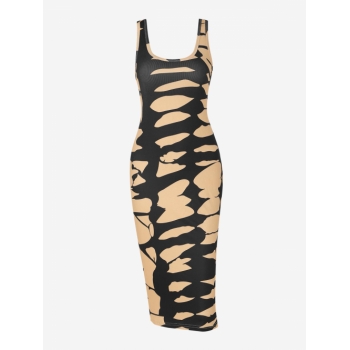 Bodycon Dress Ribbed Abstract Print Midi Tank Dress L Light khaki