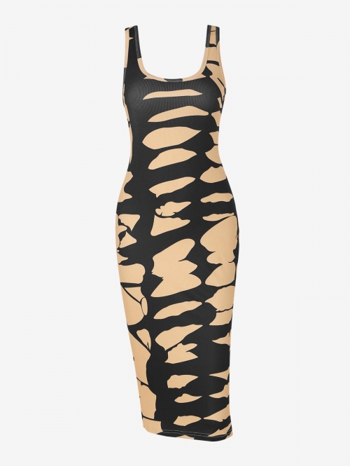 Bodycon Dress Ribbed Abstract Print Midi Tank Dress L Light khaki