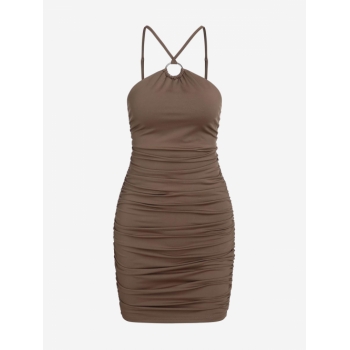 Mini Dress ZAFUL Ruched O-ring Open Back Slinky Dress L Deep coffee