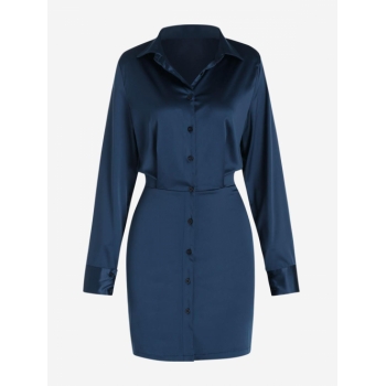 Long Sleeve Silky Long Sleeve Mini Shirt Dress S Deep blue