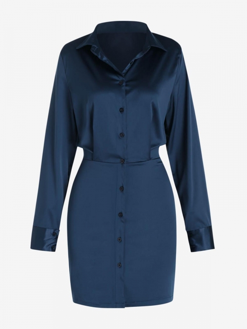 Long Sleeve Silky Long Sleeve Mini Shirt Dress S Deep blue