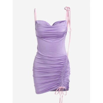 Mini Dress ZAFUL Cinched Tie Shoulder Open Back Slinky Dress S Light purple