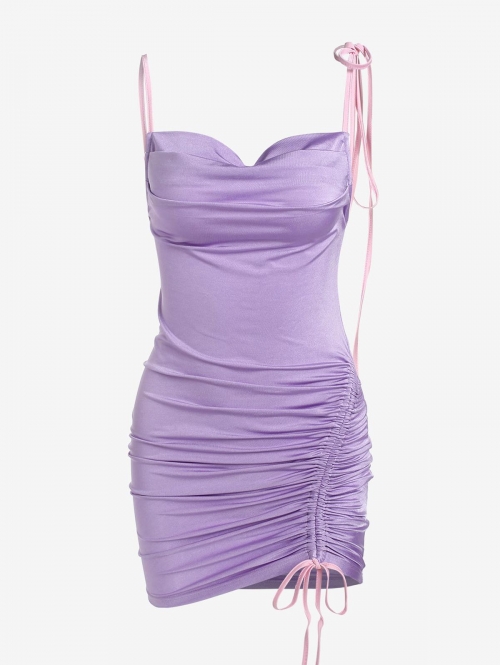 Mini Dress ZAFUL Cinched Tie Shoulder Open Back Slinky Dress S Light purple