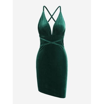 Mini Dress Criss Cross Velvet Bodycon Dress S Deep green