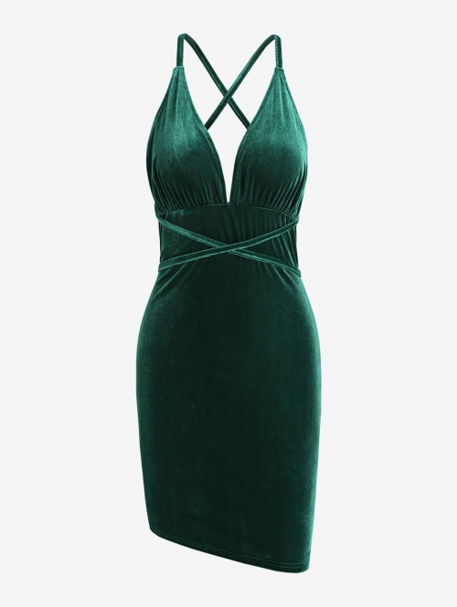 Mini Dress Criss Cross Velvet Bodycon Dress S Deep green