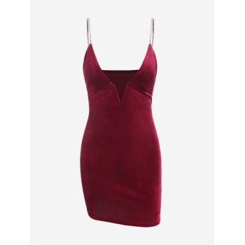 Mini Dress ZAFUL Velour V Wired Diamond Strap Bodycon Dress M Deep red