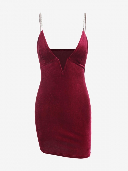 Mini Dress ZAFUL Velour V Wired Diamond Strap Bodycon Dress M Deep red