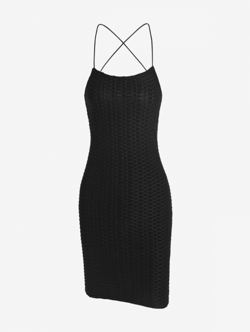 Mini Dress ZAFUL Criss Cross Open Back Textured Bodycon Mini Dress L Black