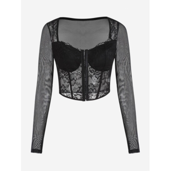 Women Blouses Sheer Mesh Lace Boning Bustier Corset-style Lingerie-style Bandage Cropped Top S Black