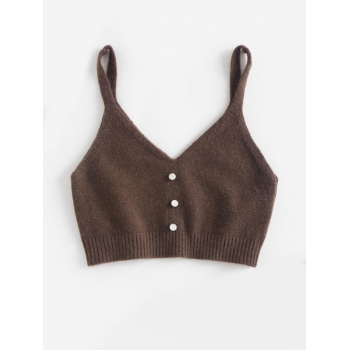 Women Tank Tops Mock Button Knitted Crop Tank Top Deep coffee