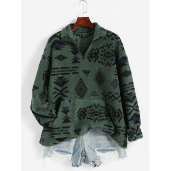 Women Hoodies ZAFUL Front Pocket Fluffy Quarter Zip Ethnic Aztec Printed Sweatshirt L Deep green