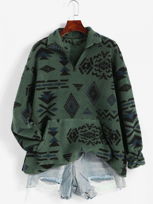 Women Hoodies ZAFUL Front Pocket Fluffy Quarter Zip Ethnic Aztec Printed Sweatshirt L Deep green