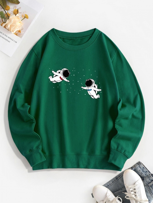 Women Hoodies Star Astronaut Print Pullover Sweatshirt L Deep green