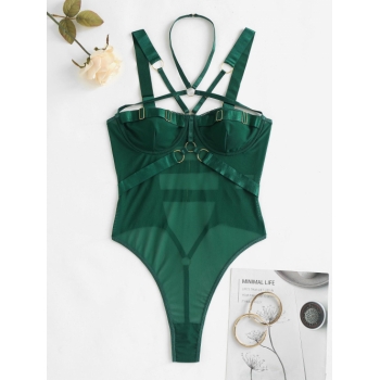 Halter O Ring Underwire Strappy Lingerie Teddy L Deep green