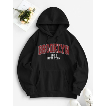 Women Hoodies Letter BROOKLYN NEW YROK Graphic Thermal Lined Hoodie L Black