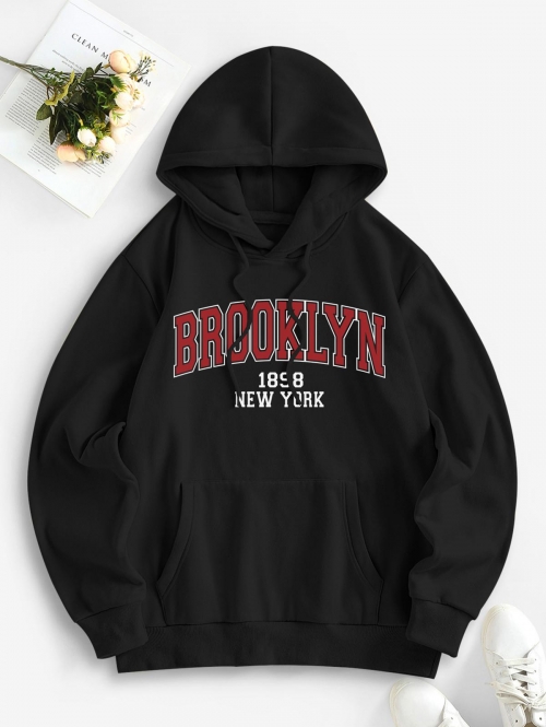 Women Hoodies Letter BROOKLYN NEW YROK Graphic Thermal Lined Hoodie L Black