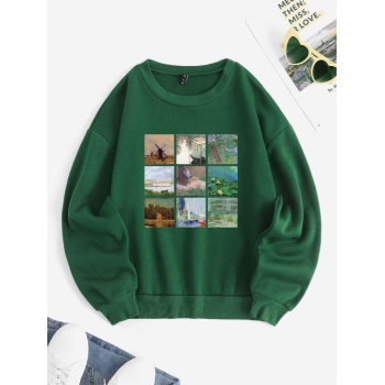 Women Hoodies Art Collage Printed Graphic Thermal Lined Crew Neck Sweatshirt M Green