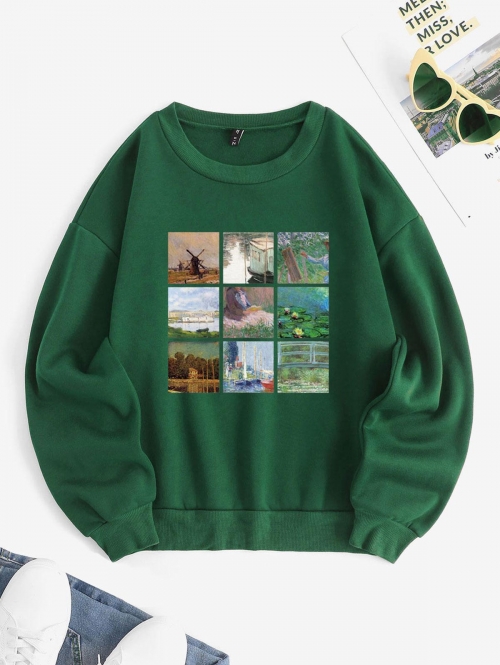 Women Hoodies Art Collage Printed Graphic Thermal Lined Crew Neck Sweatshirt M Green