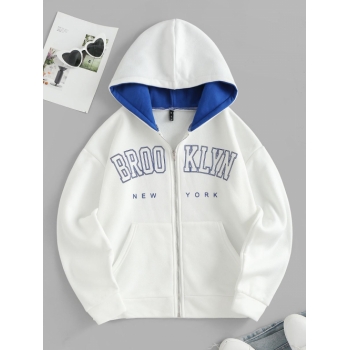 Women Hoodies Full Zip BROOKLYN NEW YORK Graphic Thermal Lined Hoodie L White