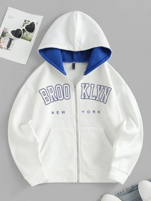 Women Hoodies Full Zip BROOKLYN NEW YORK Graphic Thermal Lined Hoodie L White