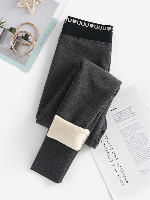 Letter Print Waistline Thermal Lined Ribbed Leggings Dark gray