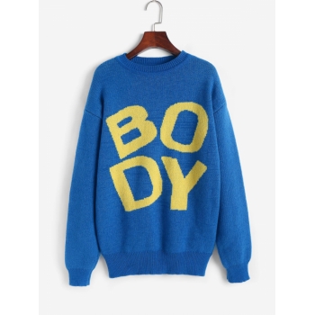 Women Letter Drop Shoulder Loose Jumper Sweater L Deep blue