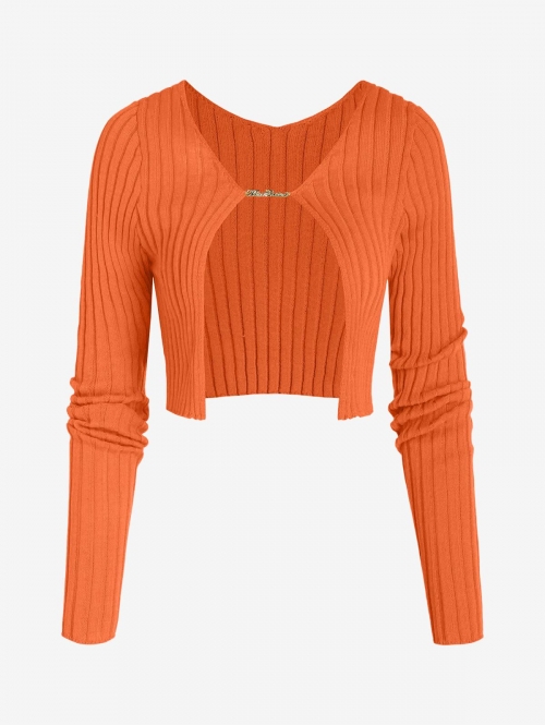 Solid Color One Button Style Knit Cropped Cardigan Xl Orange