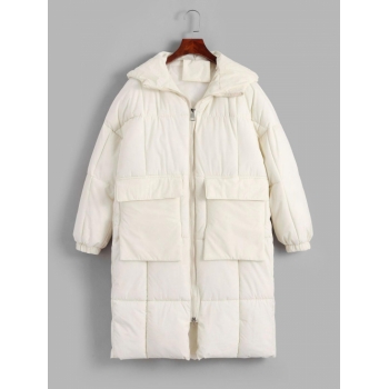 Hooded Drop Shoulder Longline Quilted Coat M White