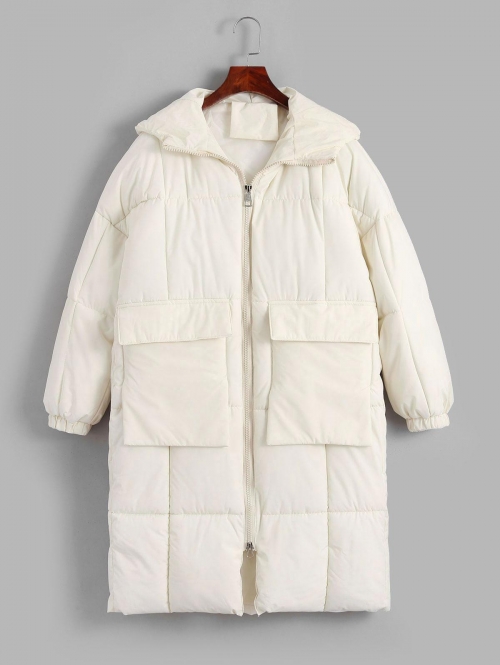 Hooded Drop Shoulder Longline Quilted Coat M White