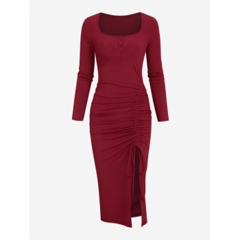 Mini Dress Ribbed Button Placket Cinched Slit Midi Dress M Deep red