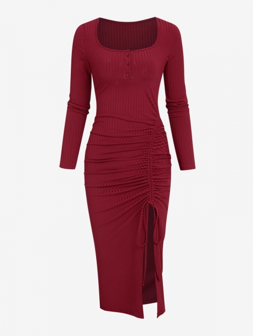 Mini Dress Ribbed Button Placket Cinched Slit Midi Dress M Deep red