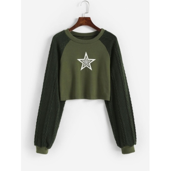 Fashion Women Tees Knitted Raglan Sleeve Star Pattern Crop T Shirt S Deep green